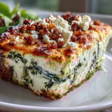 A close-up of a slice of High Protein Spinach Artichoke Bake on a plate, showing creamy texture with spinach and artichoke.