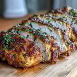 Savory oven baked chicken breast garnished with fresh parsley and lemon, resting on a baking sheet with foil.