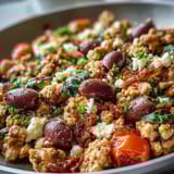 A bubbling Mediterranean Keto Ground Chicken Skillet topped with crumbled feta, parsley, and a lemon wedge for serving.