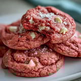 Soft and chewy Pink Velvet Cookies arranged neatly on a white platter.