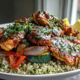 Freshly sliced paprika herb chicken rests atop fluffy quinoa and golden roasted vegetables, ready to serve.