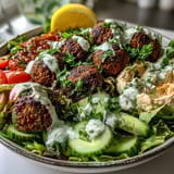 Close-up of a delicious Falafel Bowl with golden falafel, tangy tzatziki, cucumber slices, and cherry tomatoes for a fresh meal.