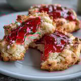 Fresh strawberry jam thumbprint cookies with golden edges and vibrant red centers on a white plate.