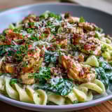 Creamy Lemon Orzo with Chicken and Spinach, featuring tender chicken, bright lemon zest, and wilted spinach in a comforting pasta skillet.  