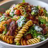 Creamy BLT pasta salad featuring al dente pasta, smoky bacon, and diced avocado, garnished with green onions.  
