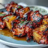 Vibrant al pastor chicken skewers with sweet pineapple, ready to devour.
