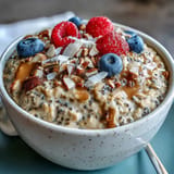 Delicious high fiber overnight oats, topped with fresh vibrant berries.