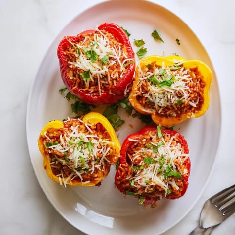 Tender red and yellow bell peppers stuffed with seasoned rice and beef, bubbling with cheese and served alongside fresh salad.