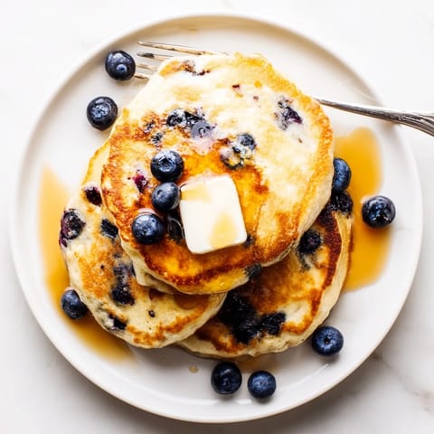 Golden-brown blueberry pancakes sizzling on a griddle, ready to be served warm with extra berries on top.