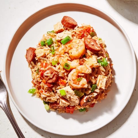 A steaming bowl of homemade Jambalaya, featuring andouille sausage, chicken, and pink shrimp mixed with rice and peppers.