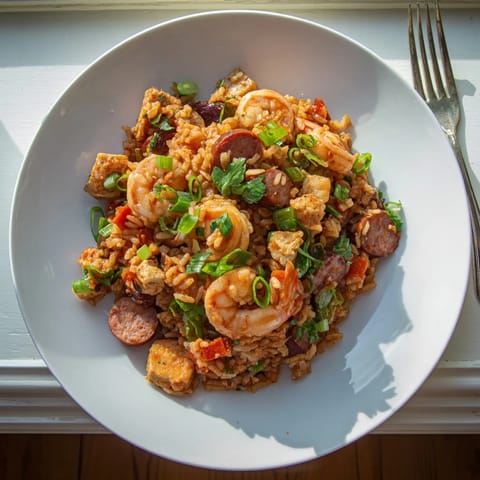 A vibrant one-pot Jambalaya served in a rustic Dutch oven, garnished with fresh parsley and green onions.