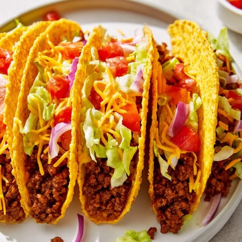 Freshly fried American-Style Tacos stuffed with seasoned ground beef, crisp shredded lettuce, and melted cheddar cheese.