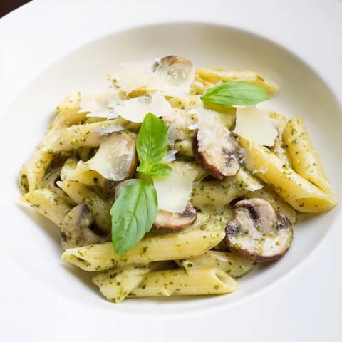 Fettuccine tossed in a rich basil pesto cream sauce, topped with golden mushrooms and Parmesan.