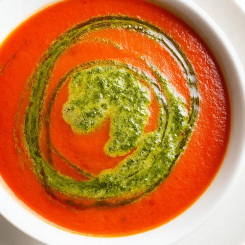 Hearty bowl of tomato soup with basil pesto swirl, garnished with fresh basil and paired with crusty bread.