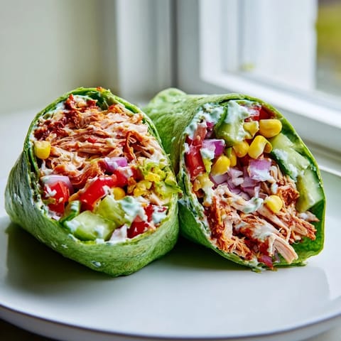 A handheld BBQ Chicken Salad Wrap stuffed with colorful veggies, sweet corn, and a creamy dressing, perfect for a quick lunch.  
