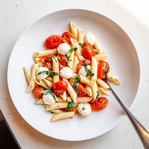 A vibrant bowl of Caprese Salad Pasta showcases fusilli twirls coated in olive oil, dotted with bocconcini, and sprinkled with torn basil and black pepper.  