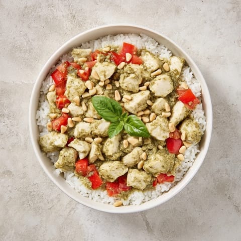 Golden-brown pesto chicken sits atop fluffy white rice in this easy Italian-inspired dinner bowl.