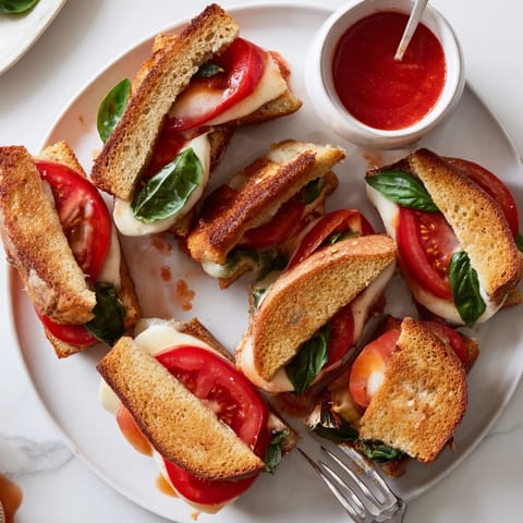 Close-up of Caprese Grilled Cheese Dippers showing melted mozzarella, ripe tomato slices, and fresh basil between crispy sourdough slices.
