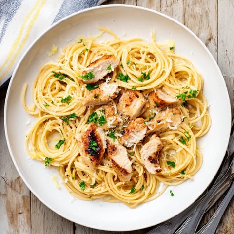 A close-up of Brown Butter Lemon Chicken Pasta in a skillet, showing caramelized butter sauce, tender seared chicken, and a wedge of lemon for serving.  
