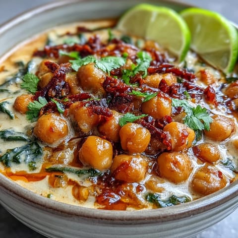 A spoon lifts a ladle of golden Chickpea Curry next to fluffy basmati rice and warm naan bread on a rustic table.