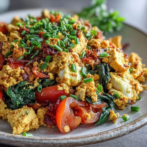 Sizzling tofu scramble in a skillet features turmeric-spiced crumbles, tomatoes, and onions, served with avocado slices for a protein-rich brunch dish.