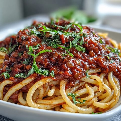 A close-up of savory Lentil Bolognese sauce coating al dente spaghetti, garnished with fresh basil and vegan Parmesan.