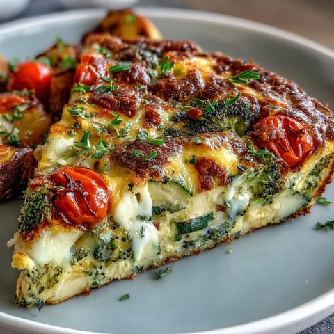 Slice of warm Vegetable Frittata served on a plate, garnished with fresh parsley and paired with a side salad.