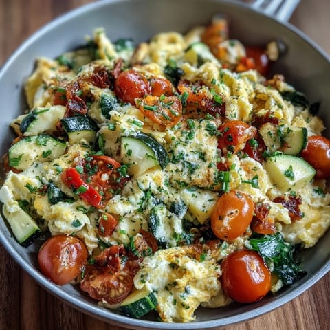 Hearty Egg and Vegetable Scramble served warm in a skillet, featuring tender zucchini and herbs, perfect for a quick breakfast.