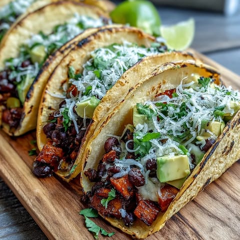 Roasted sweet potatoes and black beans fill warm corn tortillas, topped with avocado and fresh cilantro in this vibrant vegan meal.