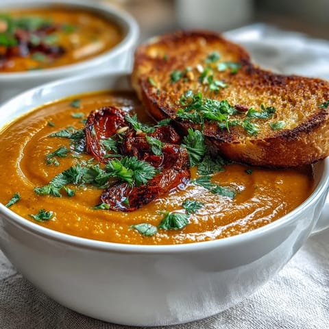A bowl of velvety Roasted Vegetable Soup garnished with fresh parsley, croutons, and a drizzle of olive oil.