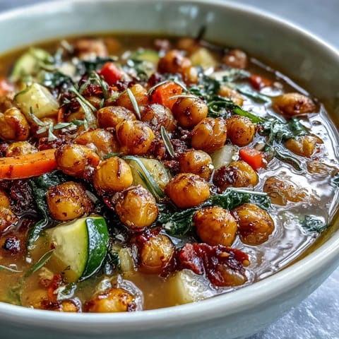 A close-up of the golden Spiced Chickpea and Vegetable Soup with kale, diced vegetables, and steam rising from the aromatic broth.