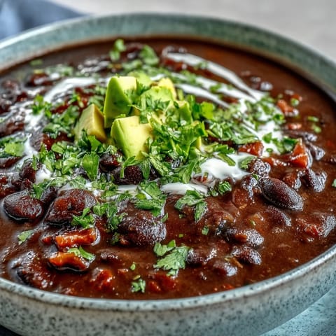 A bowl of Black Bean Soup topped with sour cream, cilantro, and avocado, served with lime wedges for brightness.