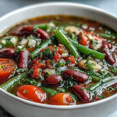 A hearty ladleful of Three-Bean Salad Soup reveals vibrant vegetables and beans in a savory tomato and herb-infused broth, perfect for a comforting meal.
