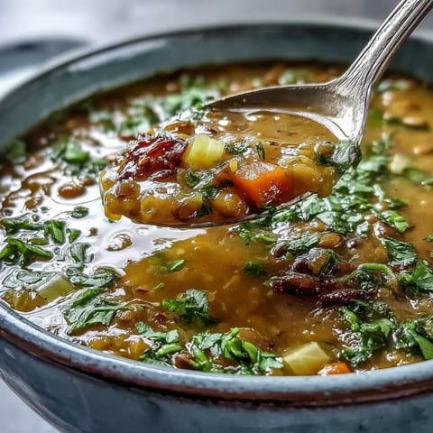 A steaming bowl of Mung Bean Soup, garnished with cilantro and a lemon wedge, served alongside fluffy basmati rice.