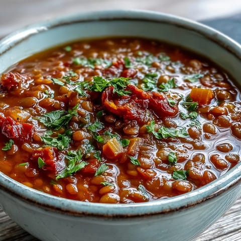 Steaming Tomato Lentil Soup ladled from a large pot, with carrots and celery visible in the broth.