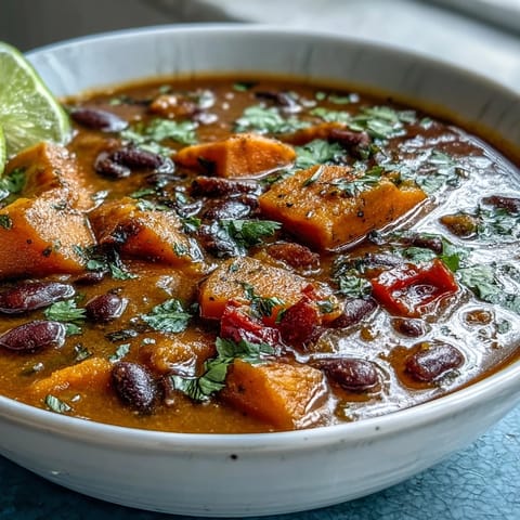 A bowl of Sweet Potato and Black Bean Soup garnished with cilantro and a lime wedge, steaming warmly.
