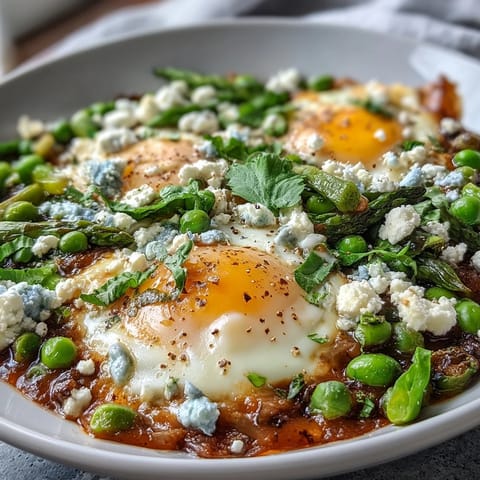 Spoonful of Pea and Broad Bean Shakshuka reveals feta and herbs, served warm with crusty bread for dipping into the savory sauce.