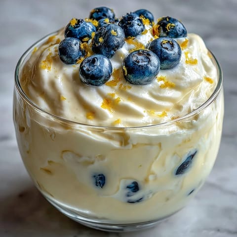 Bright yellow Lemon Fool layered in a glass, topped with fresh berries and lemon zest for a refreshing British dessert.