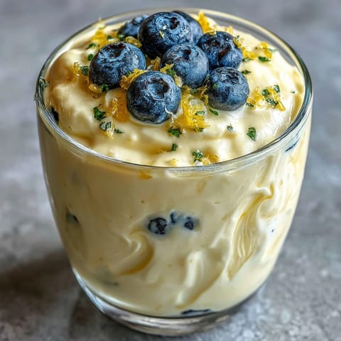 Silky Lemon Fool with a marbled texture and a shortbread biscuit on the side, served in a clear dessert glass.
