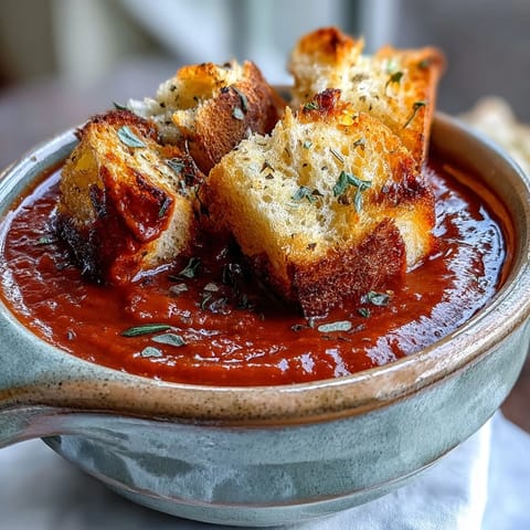 Roasted red pepper soup garnished with golden crunchy croutons and fresh herbs.