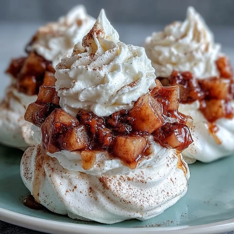 Crisp Mini Hot Toddy Pavlovas topped with whipped cream and whisky-poached pears dusted with cinnamon.