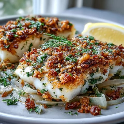 Freshly baked halibut with crispy lemon, walnut, and breadcrumb pangrattato garnish, plated beside steamed baby potatoes and fresh parsley.