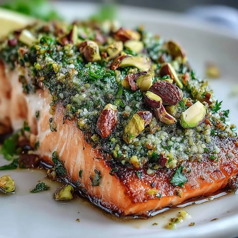A close-up of tender Confit Salmon With Tahini, Pistachio and Herb Crust glistening with olive oil beside lemon wedges.