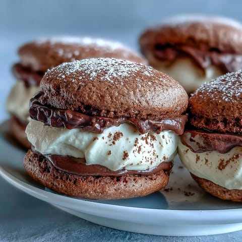 Two chocolate Tiramisu Whoopie Pies dusted with cocoa powder sit on a wire rack next to espresso beans and a cup of coffee.