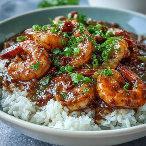 A hearty bowl of Classic New Orleans Étouffée featuring plump shrimp in a rich, dark roux over fluffy white rice.