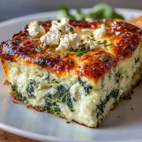 Golden-brown High Protein Spinach Artichoke Bake bubbling in a ceramic dish, fresh from the oven and ready to serve.