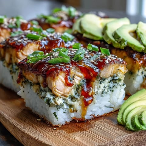 Freshly baked Spicy Salmon Sushi Bake emerging from the oven with melted cheese, nori, and sesame seeds.