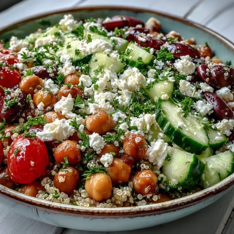 Fork tender High Protein Quinoa & Chickpea Salad in a white bowl, loaded with chickpeas, tomatoes, cucumber, and crumbled feta. 