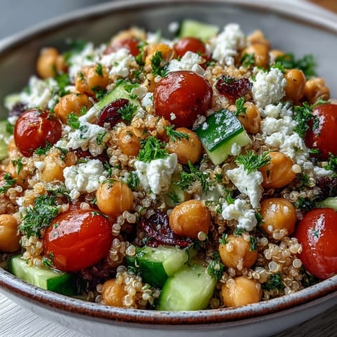 Close up on the vibrant High Protein Quinoa & Chickpea Salad, showing fluffy quinoa and a glistening lemon-olive oil dressing. 