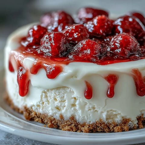 A slice of White Chocolate Raspberry Cheesecake Bliss rests on a white plate, showcasing a creamy texture and vibrant red berry swirls.